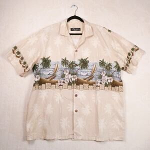Favant Hawaiian Aloha Shirt Size XXXL Tan Blue Sailing Canoe Print Palm Hibiscus